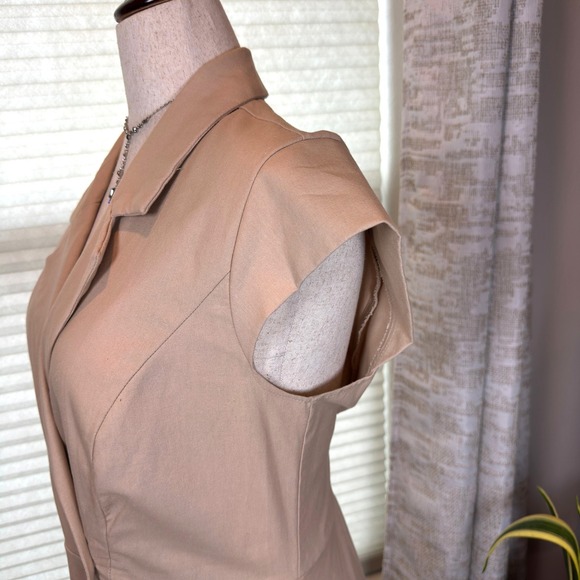Women's 12 Linen Blend Double Breasted Fit & Flare Dress Tan Cap Sleeve Pockets - Picture 4 of 14